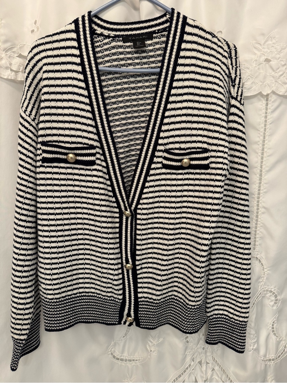 Tahari Indigo (Dark Navy)and White Striped V-Neck Cardigan with decorative flaps